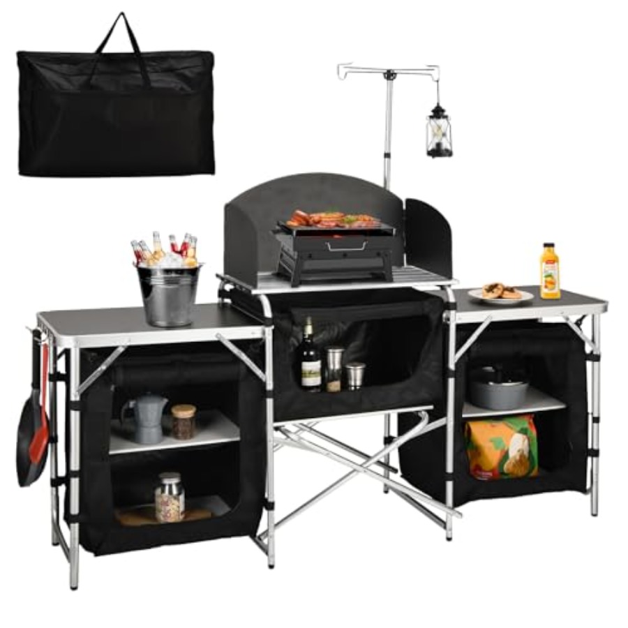 Camping Cooking Table With Storage - Outdoor kitchen table: aluminum folding camping