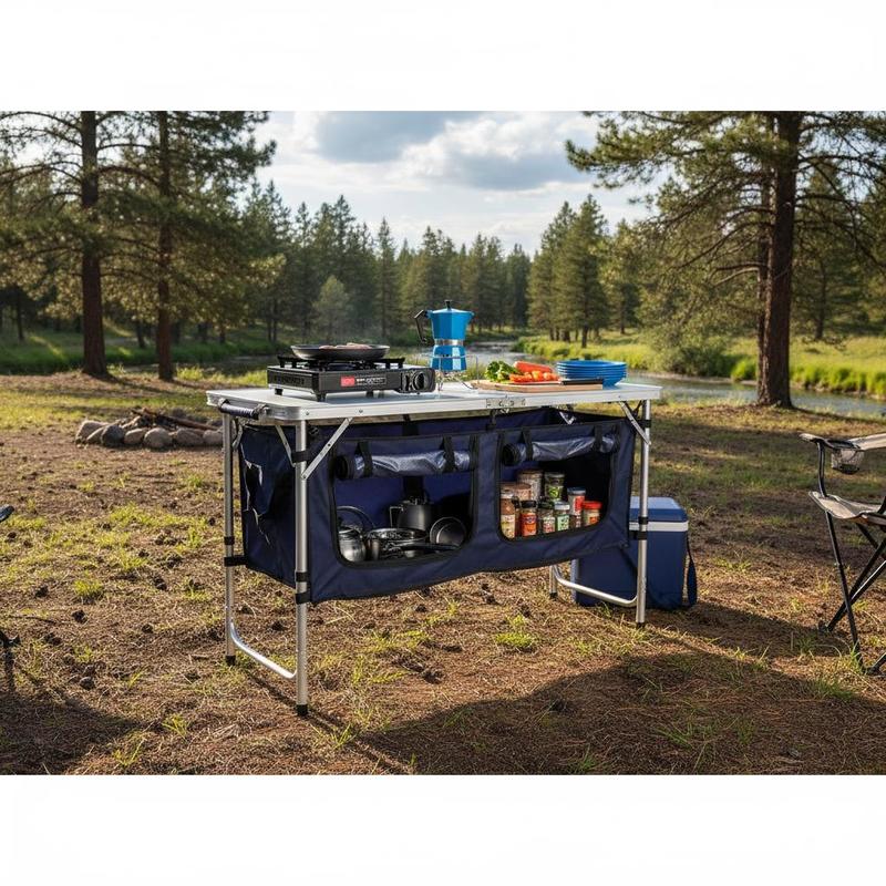 Camping Cooking Table With Storage - Camping Kitchen Table, Folding Outdoor Cooking