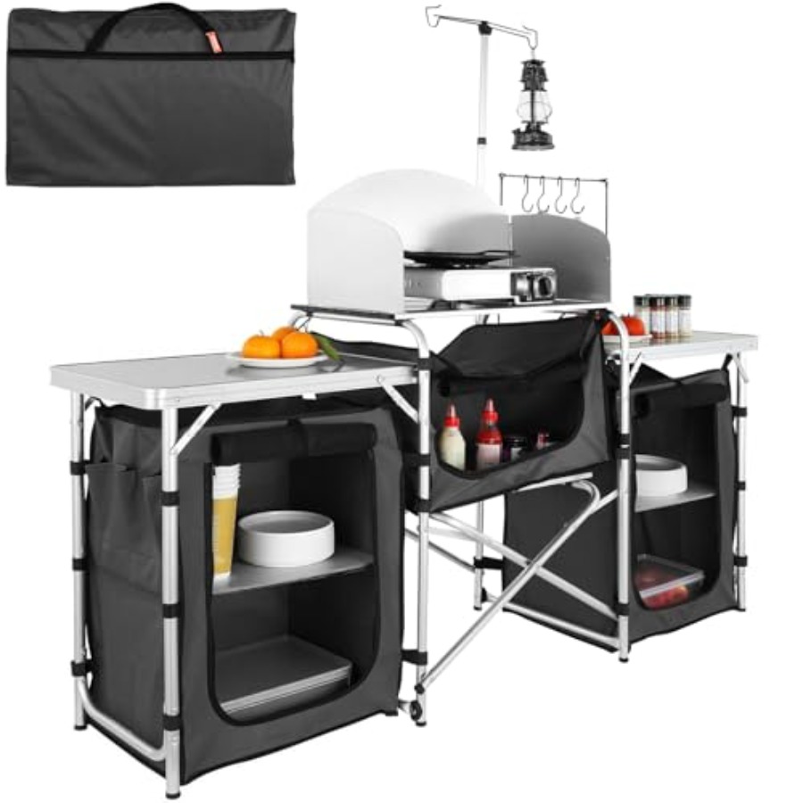 Camping Cooking Table With Storage - Camping Kitchen Table, Folding Outdoor Cooking